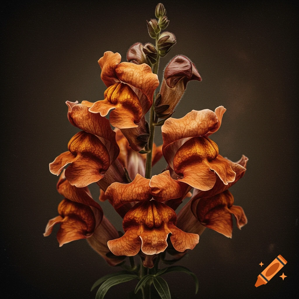 Eerie dried orange snapdragon flowers against a dark background.