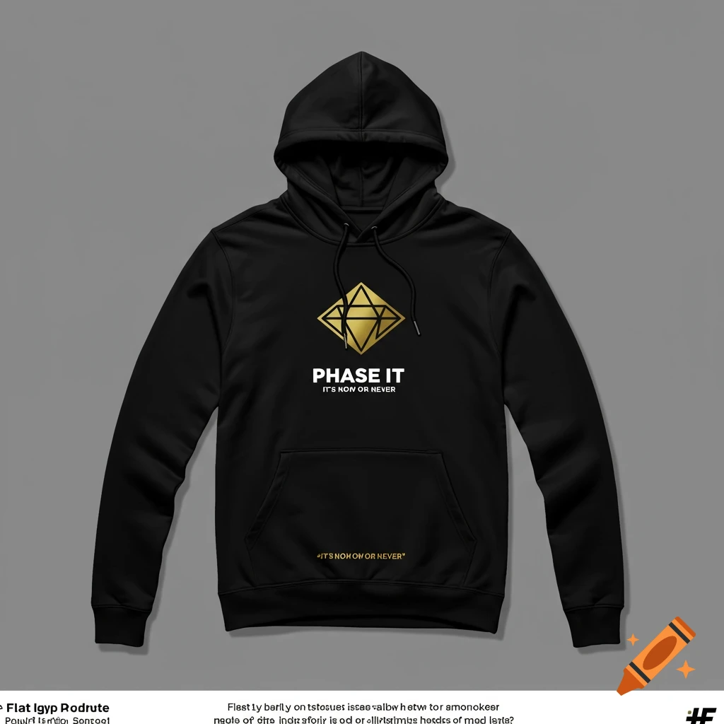 A black hoodie with a gold diamond logo and the text 'PHASE IT IT'S NOW OR NEVER' on a gray background.