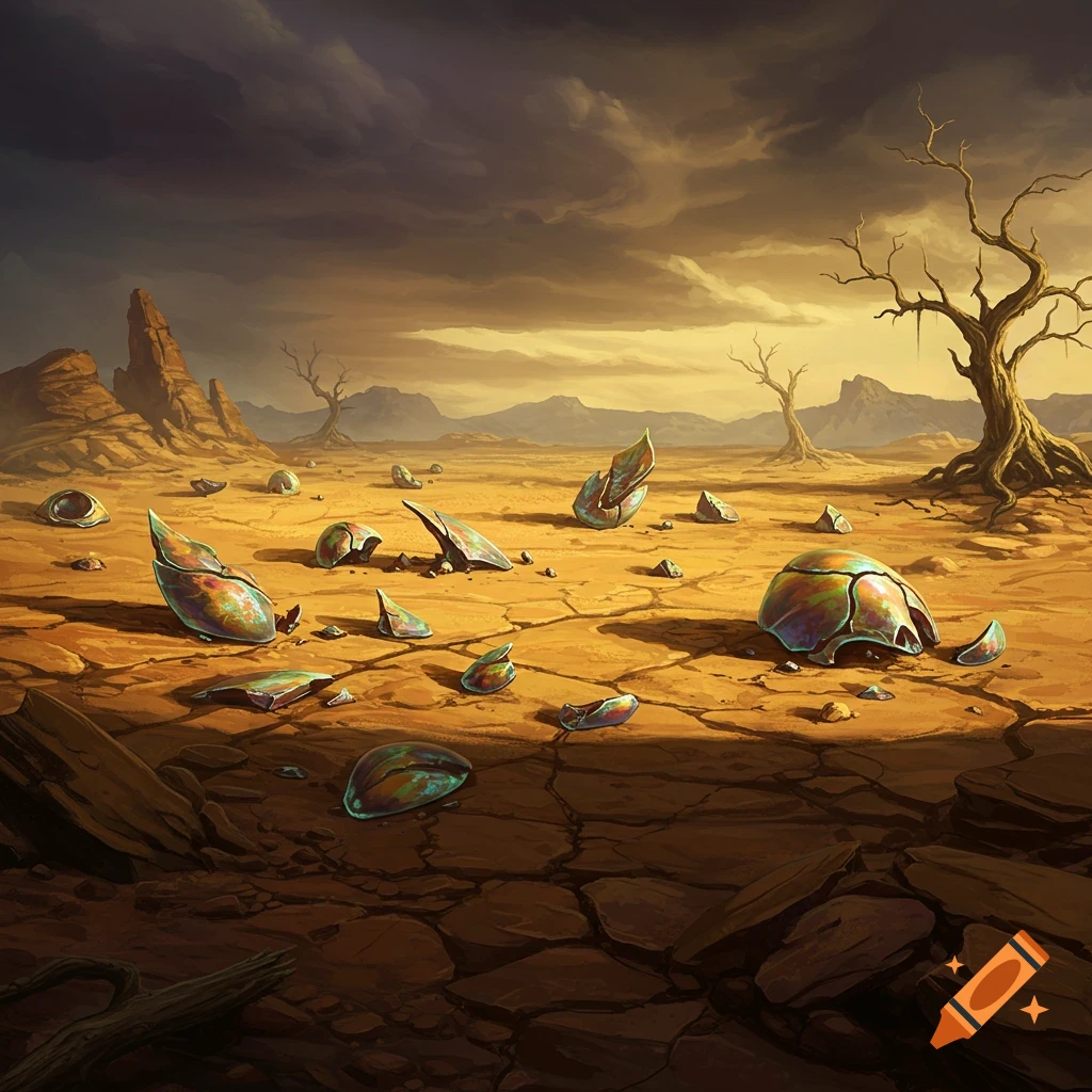 A desolate landscape with broken iridescent shells on cracked ground under a dramatic stormy sky.