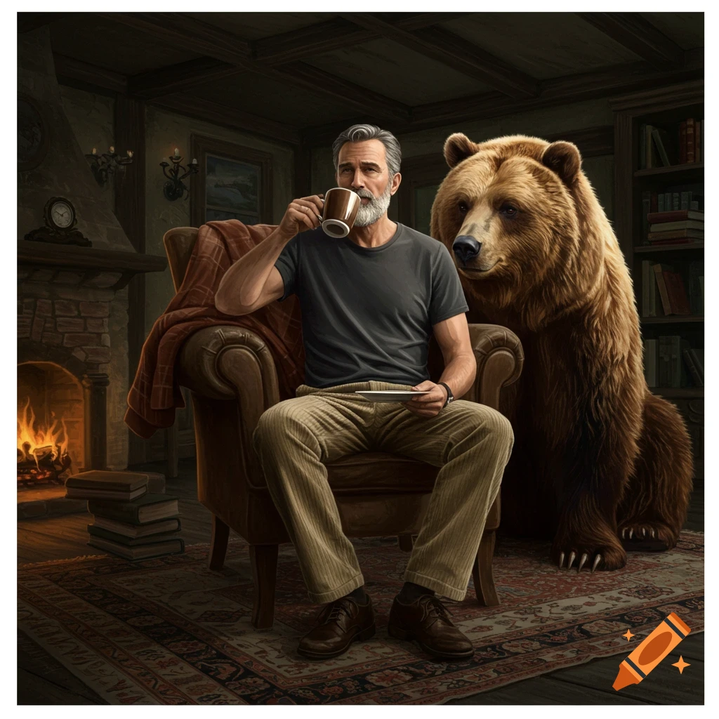 A man drinking coffee in an armchair with a large brown bear standing beside him in a cozy room with a fireplace.