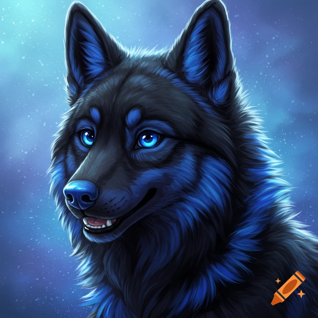 A black wolf with blue fur accents and glowing blue eyes stands against a blue snowy background.