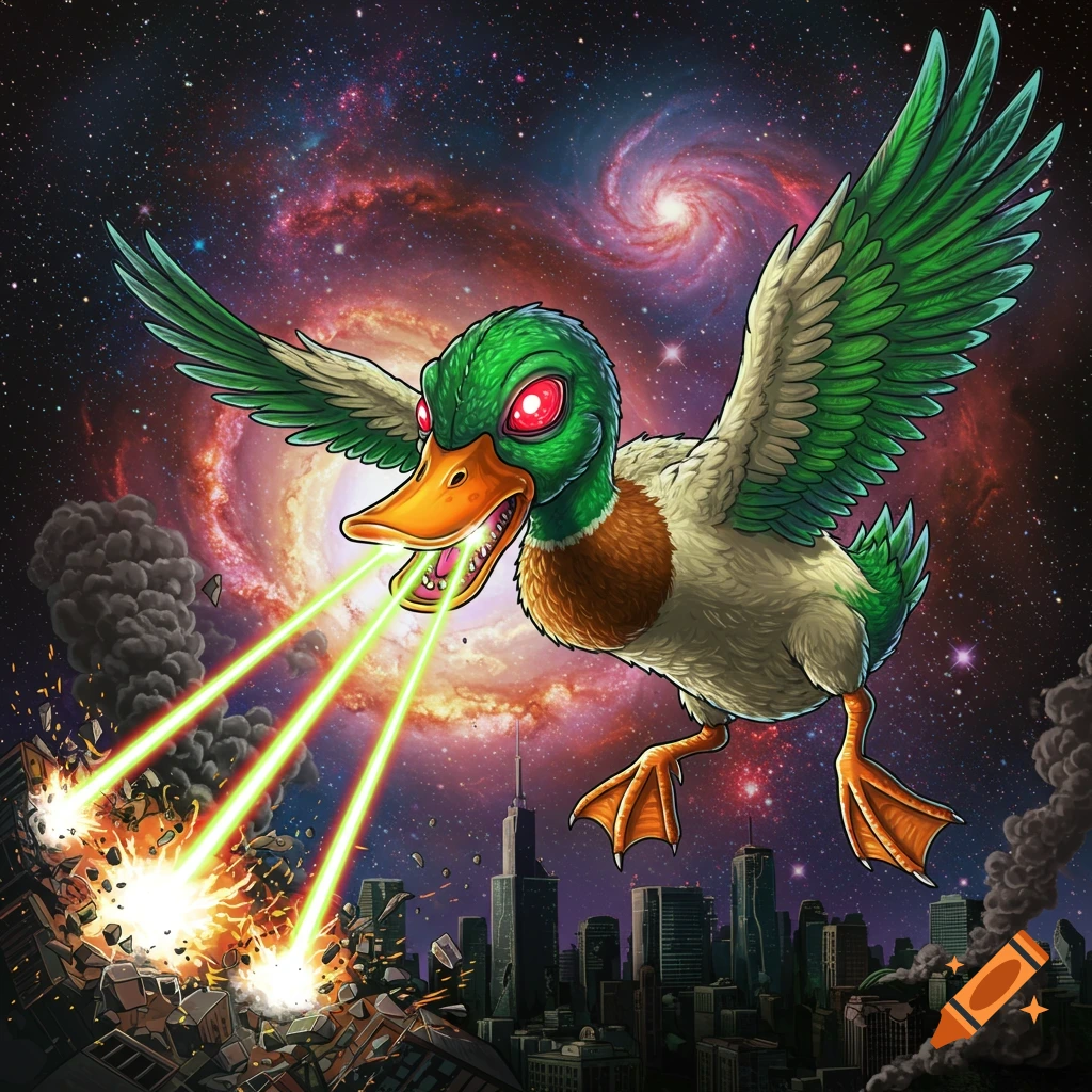 Giant mutant duck attacks a city with lasers from space.