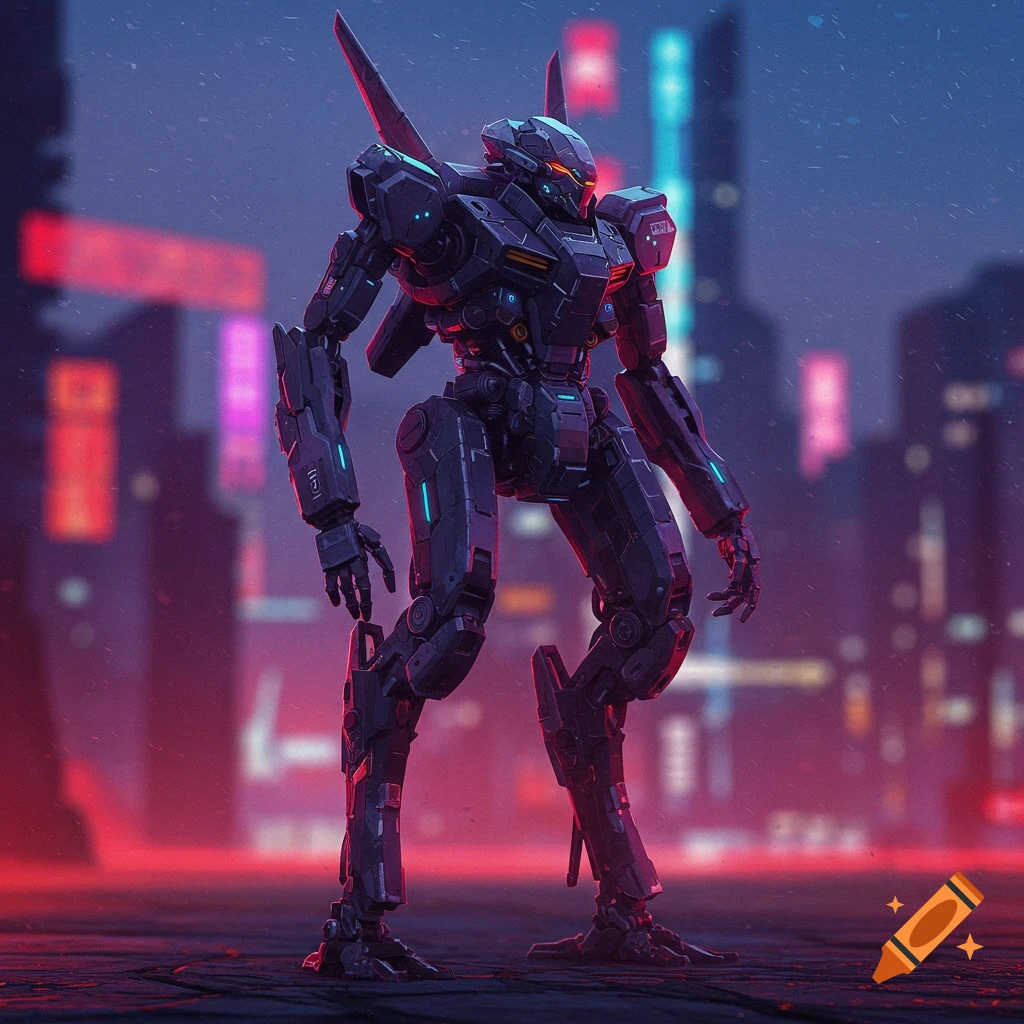 Sleek black mech in a rainy cyberpunk city at night, illuminated by neon.
