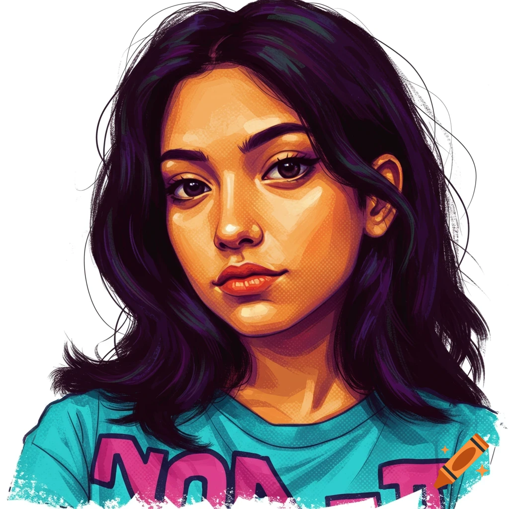 Image of a woman wearing a blue t-shirt with pink text.
