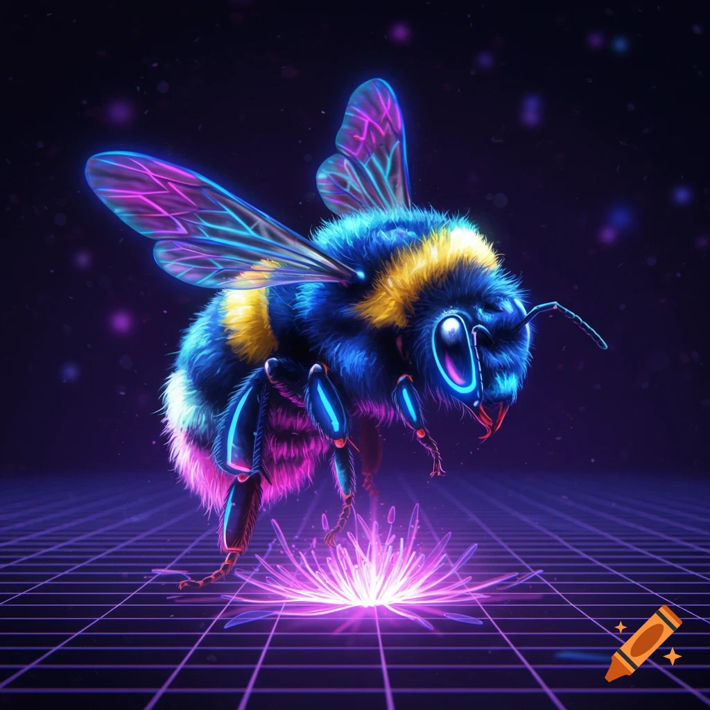 A futuristic, glowing bumblebee with neon blue and pink accents hovers over a light effect on a dark grid background.