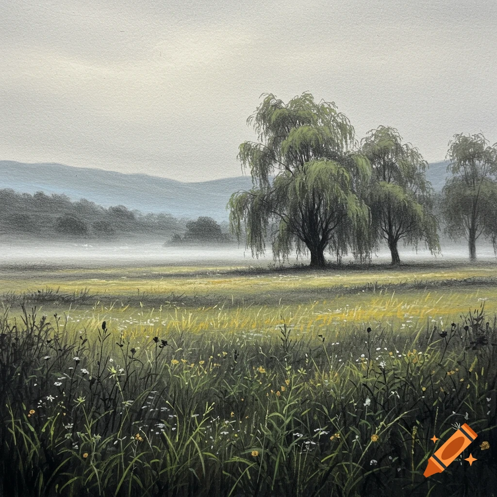 Drawing of weeping willow trees in a misty field with tall grass.
