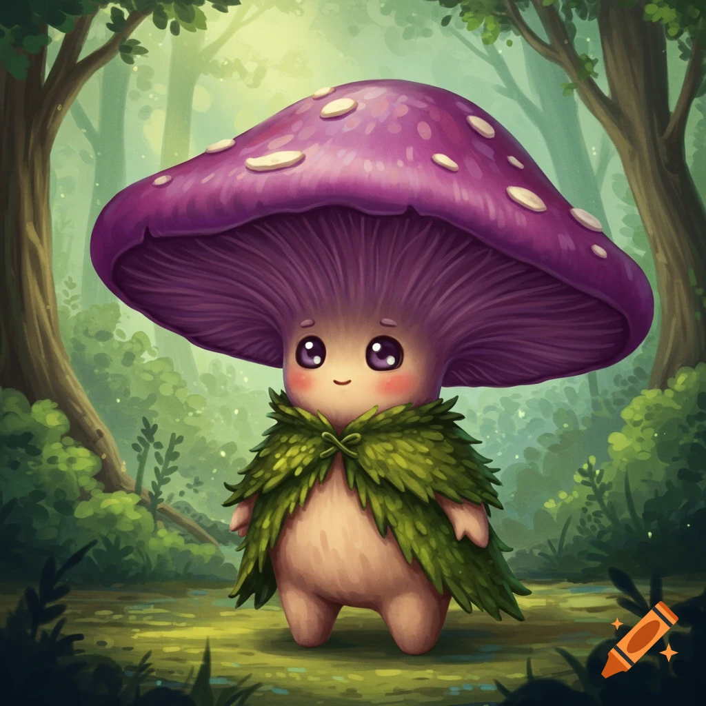 Cute mushroom character with a purple cap and leafy cape standing in a forest.