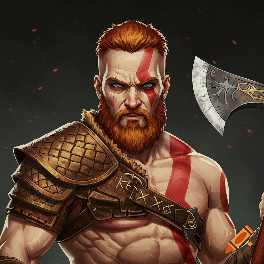 Anime portrait of a man styled as a God of War character with red hair, beard, red stripe, and armor holding an axe.