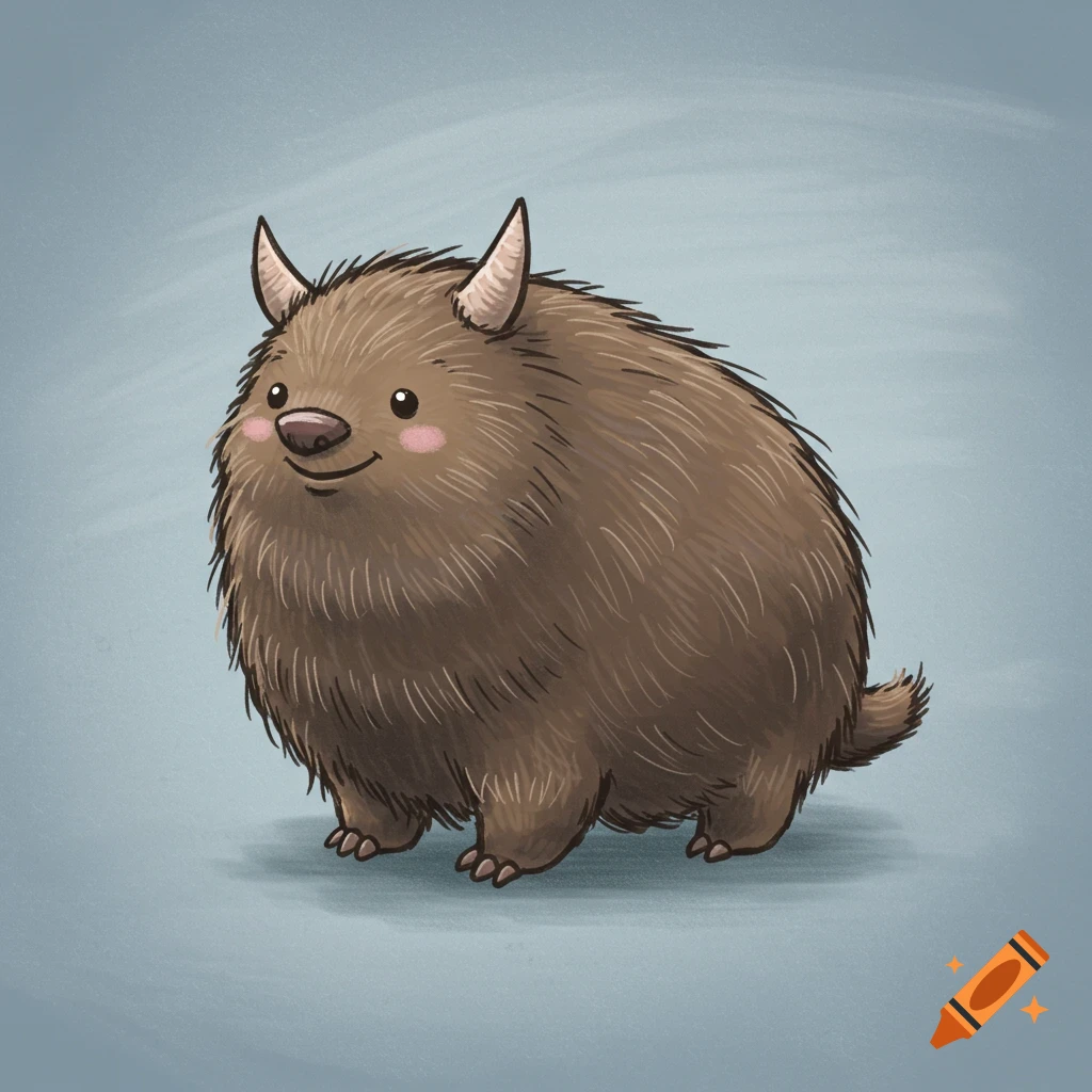 An illustration of a cute, fluffy, brown creature with small horns and legs.