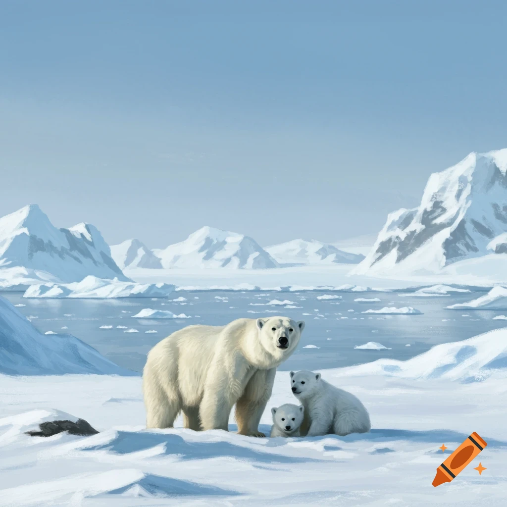 A mother polar bear with two cubs in an arctic landscape.