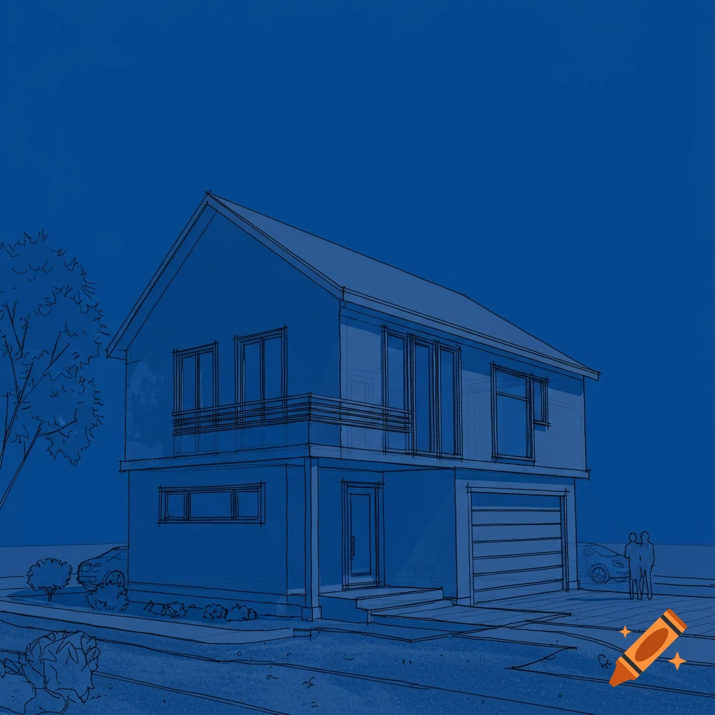 Blueprint sketch of a modern two-story house with a garage and landscape on a blue background