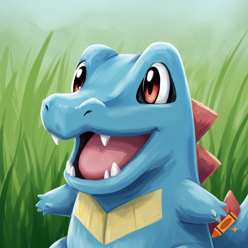The Pokémon Totodile standing in tall grass.