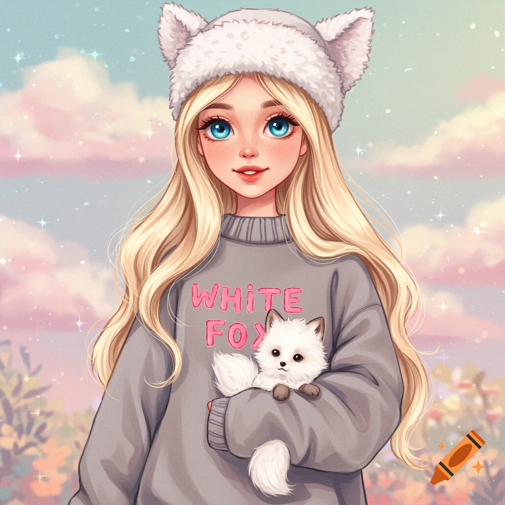 Whimsical image of a girl in a fox hat and sweater holding a white fox cub.