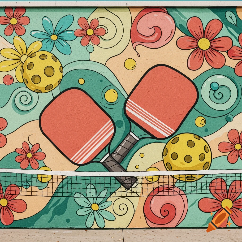 Colorful mural design with pickleball paddles, balls, net, flowers, and abstract shapes.
