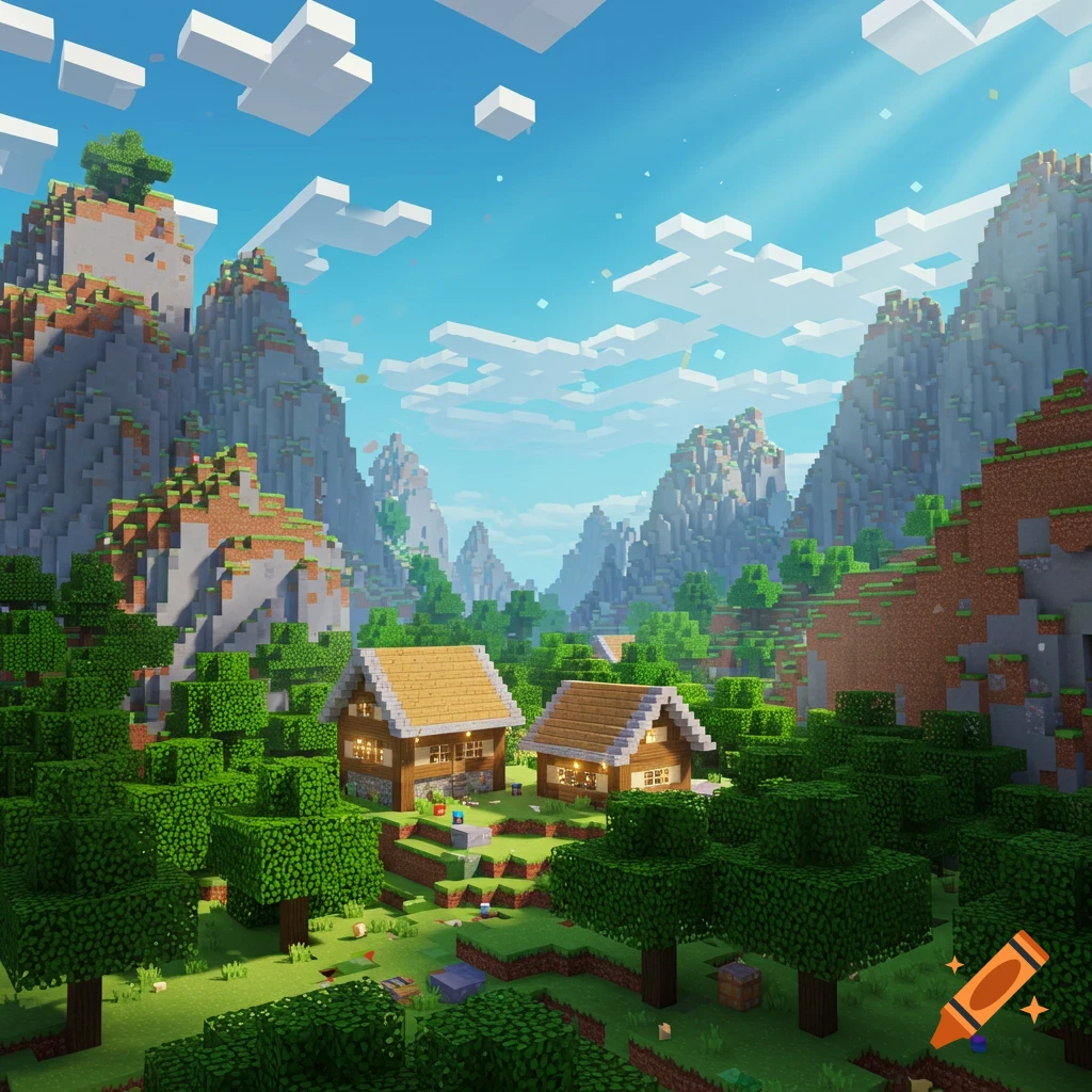 A blocky Minecraft landscape with mountains, trees, and two small houses under a sunny sky.
