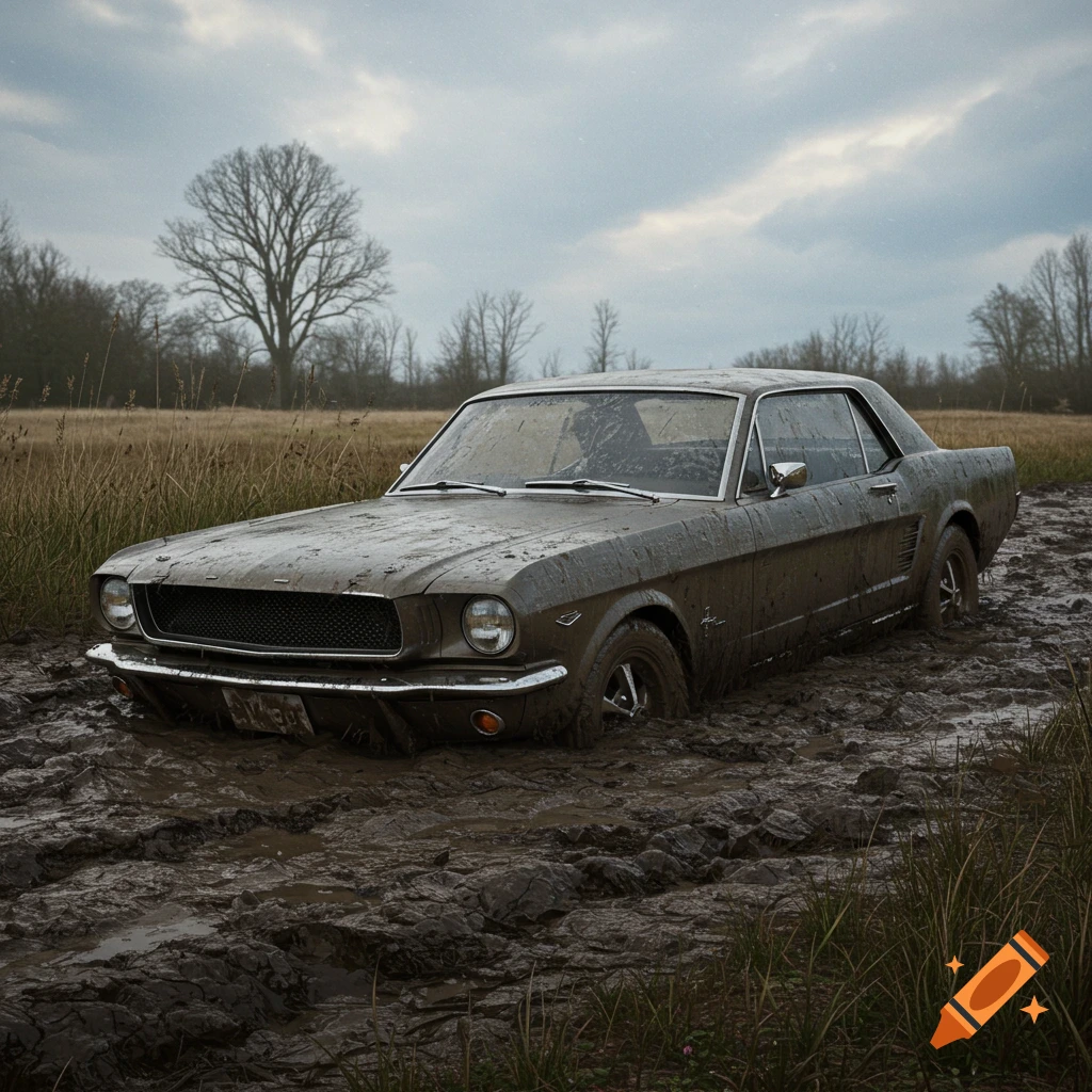 A vintage Ford Mustang car stuck in deep mud in a grassy field under a cloudy sky.