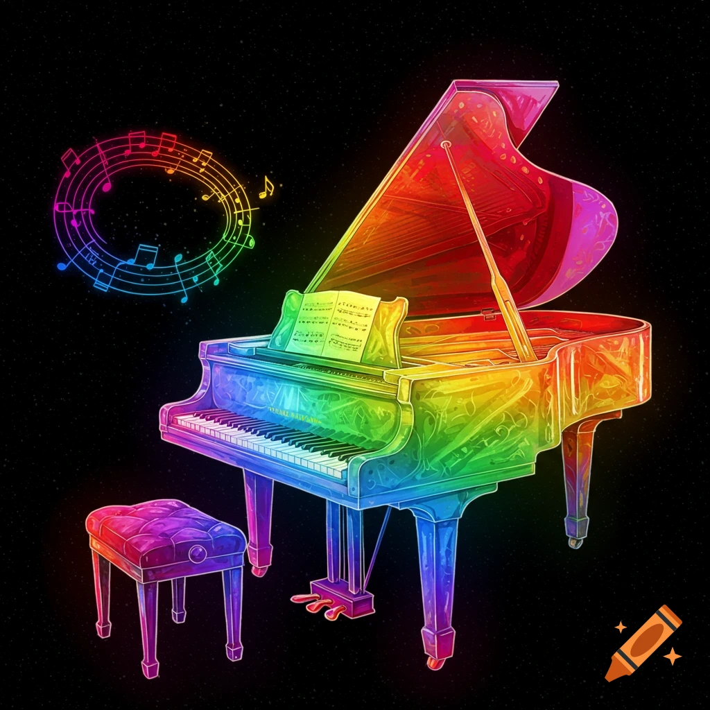 A vibrant rainbow transparent grand piano with floating musical notes against a dark, starry background.