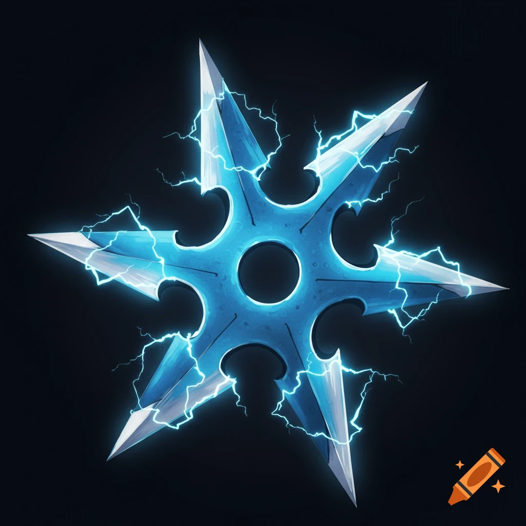 A blue and silver ninja star surrounded by blue lightning against a black background.