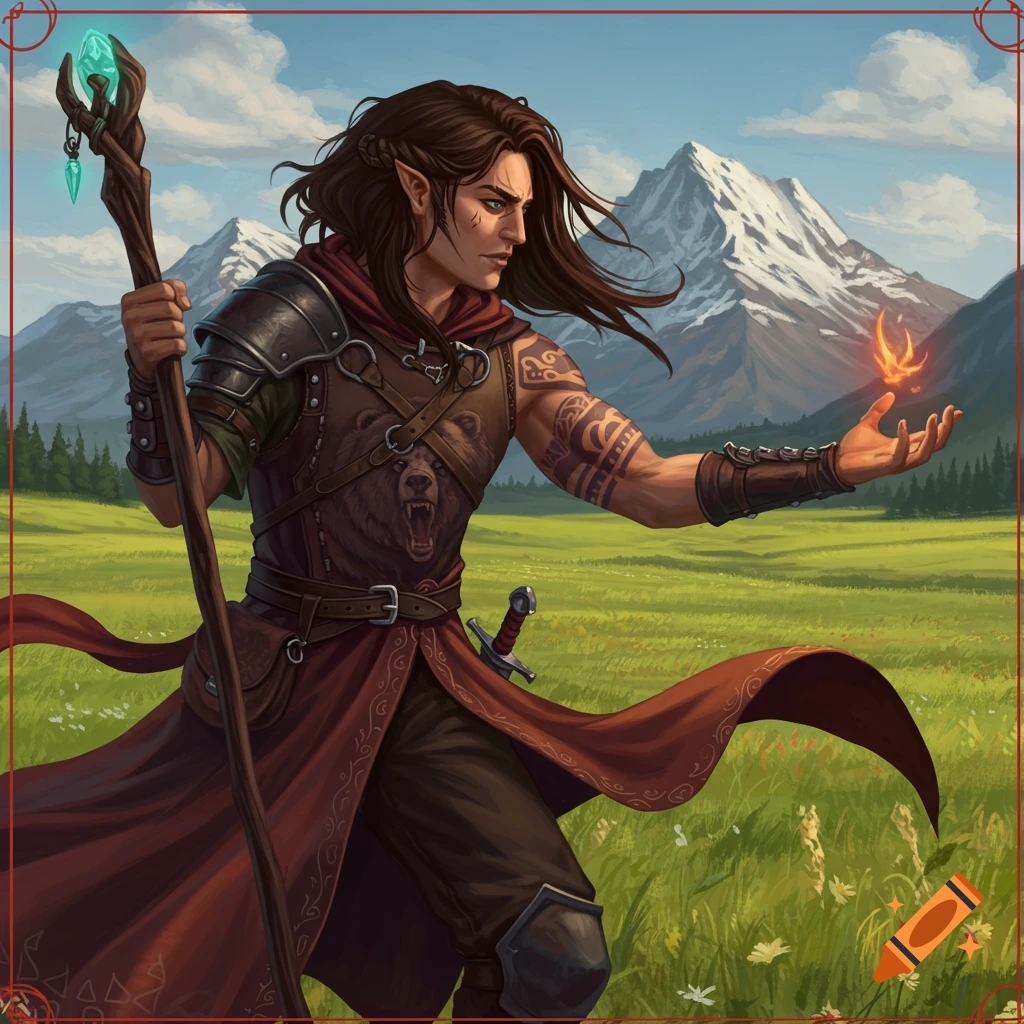 A fantasy character holds a staff and casts a spell in a mountain landscape.