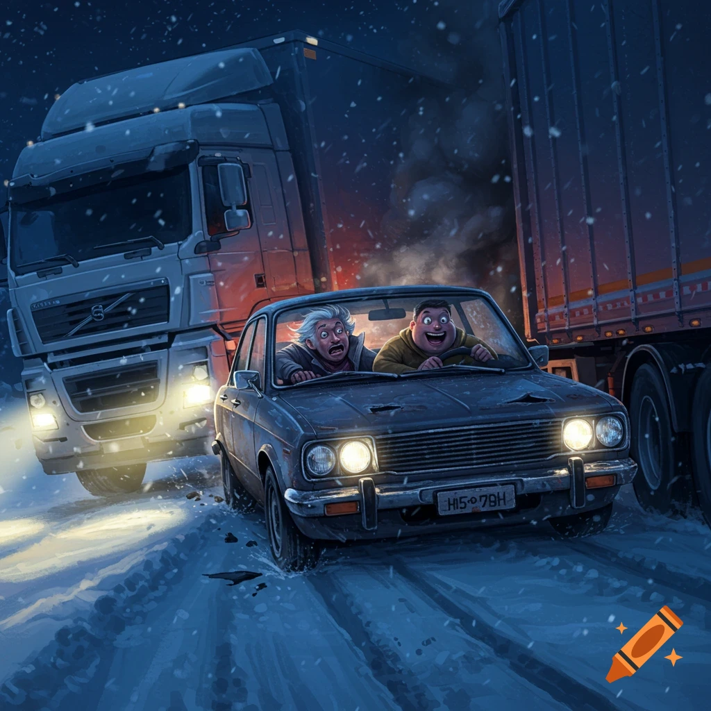 Illustration of two men in a car between semi-trucks on a snowy highway.