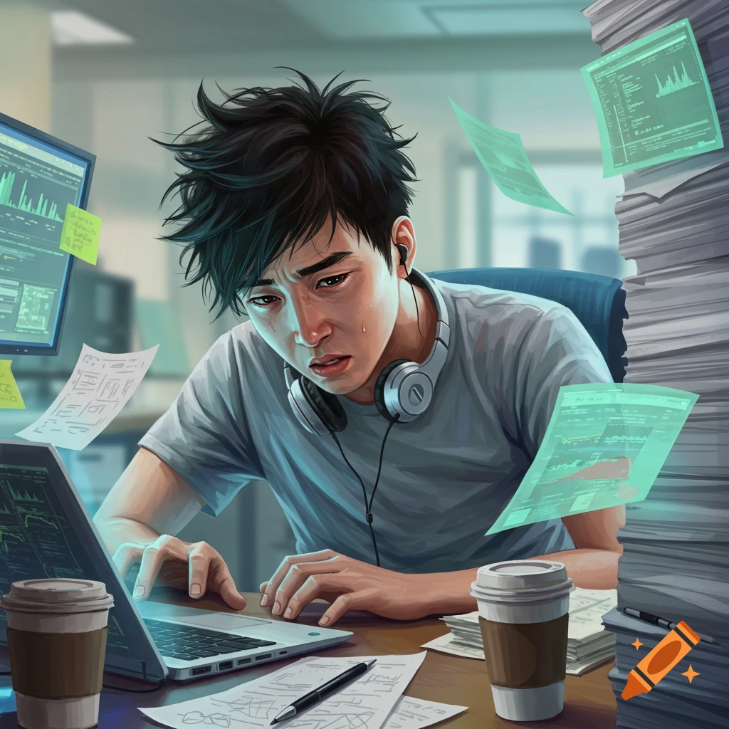 A stressed tech worker hunches over a laptop at a desk piled high with papers, monitors displaying data, and coffee cups.