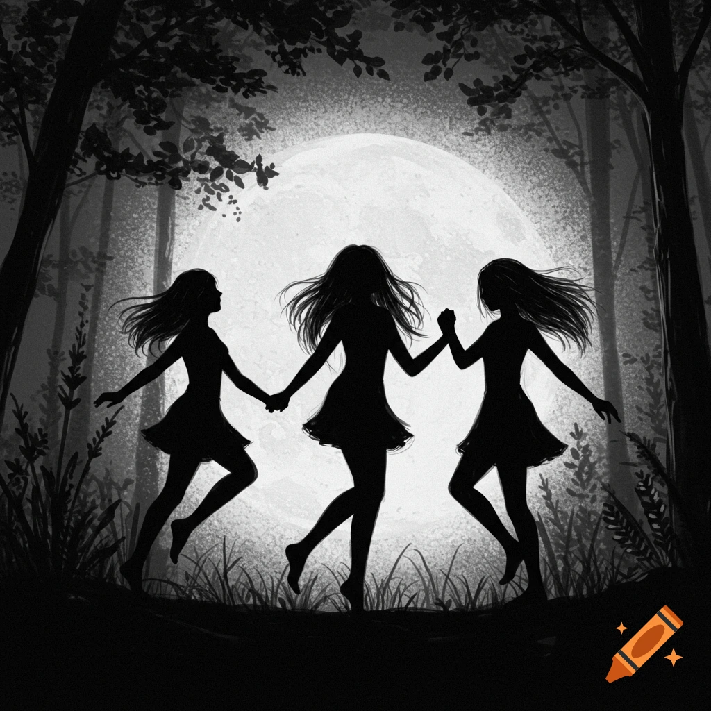 Silhouettes of three girls dancing in a forest under a full moon, illustration.
