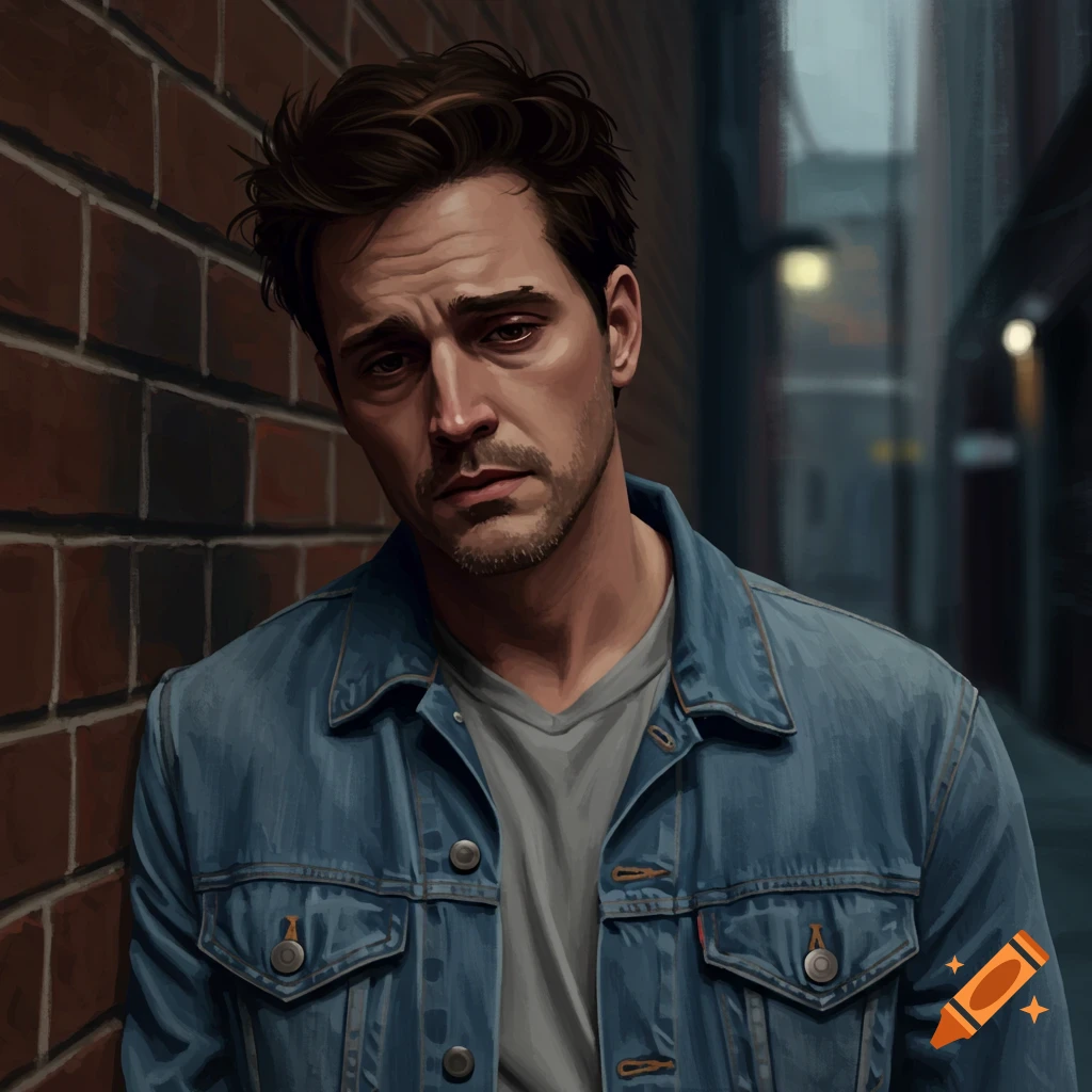A sad man in a denim jacket is leaning against a brick wall in an alley.
