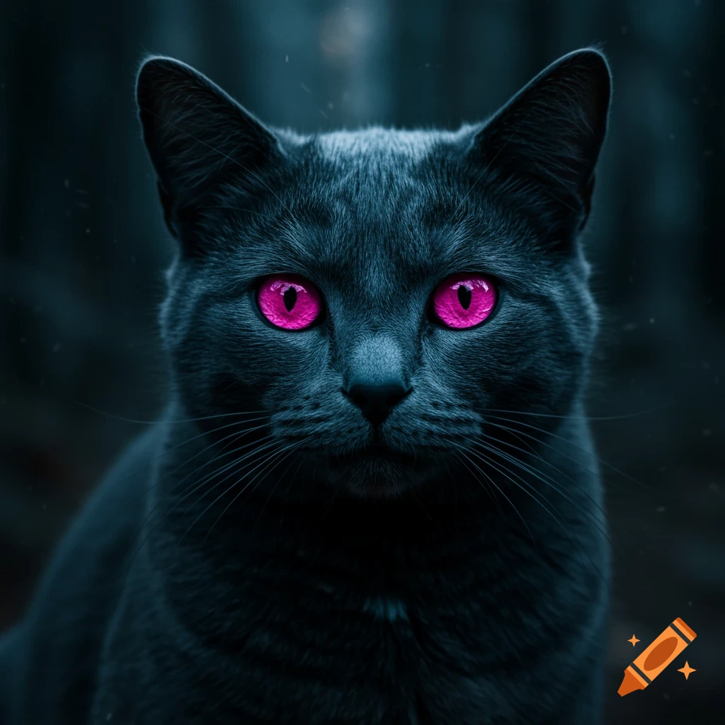 Close-up portrait of a dark grey cat with glowing pink eyes in a dark forest.