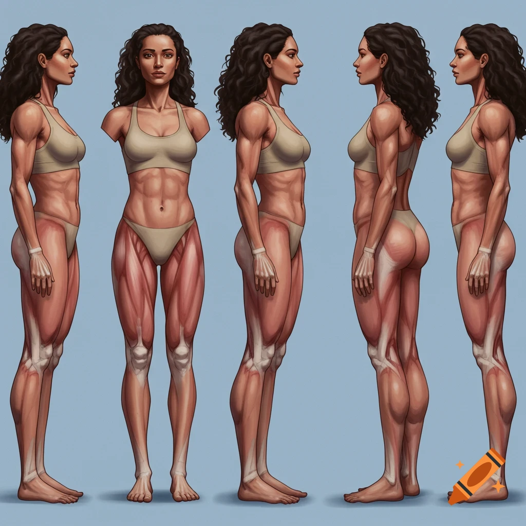 A woman's body in five anatomical reference views showing muscles and bones.