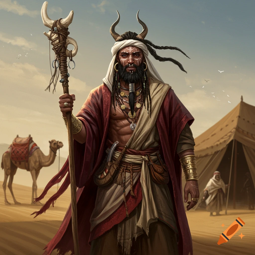 A horned desert shaman with tribal markings, holding a staff beside a camel and tent.