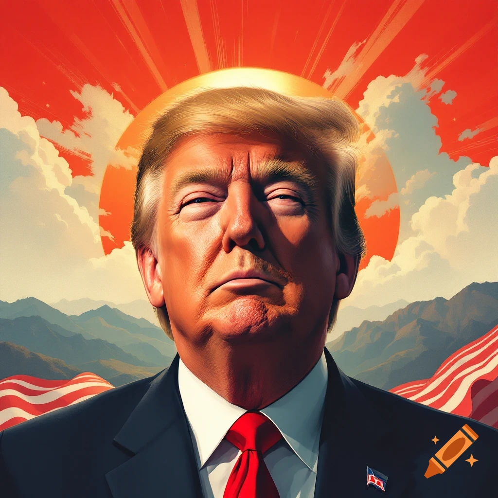 Stylized portrait of Donald Trump with sunburst background, mountains, and US flags in propaganda style.