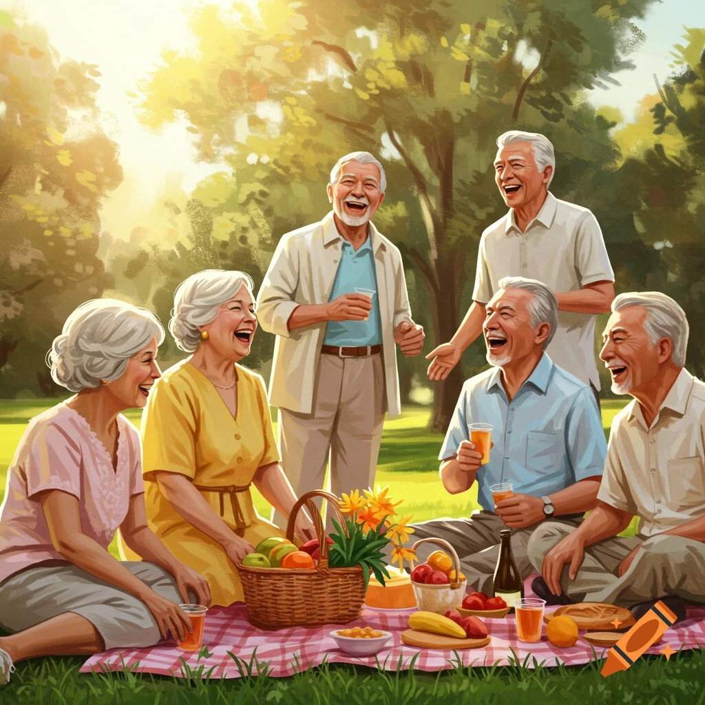 Happy older people having a picnic in a park.