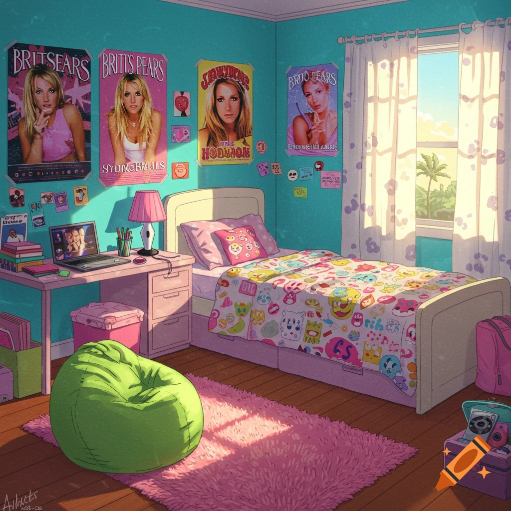 Bright 2000s bedroom with pop star posters, desk, and bean bag chair.
