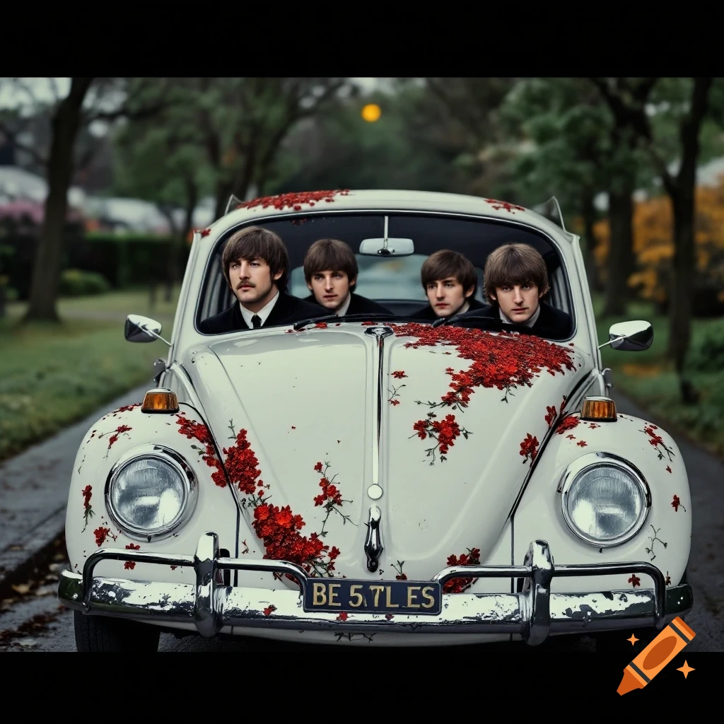 Four people resembling The Beatles in a white VW Beetle decorated with red flowers on a road.