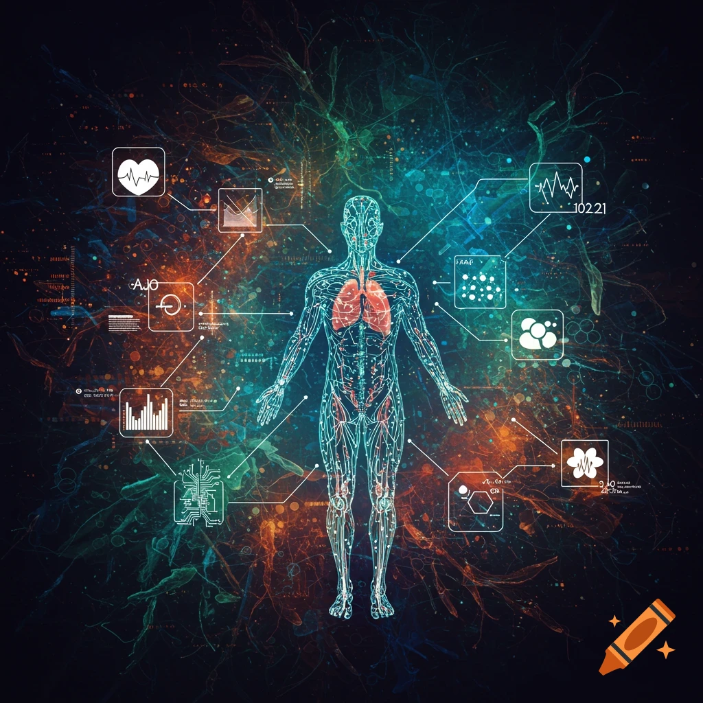 Digital art of a human body diagram with lungs and surrounding data visualization elements.