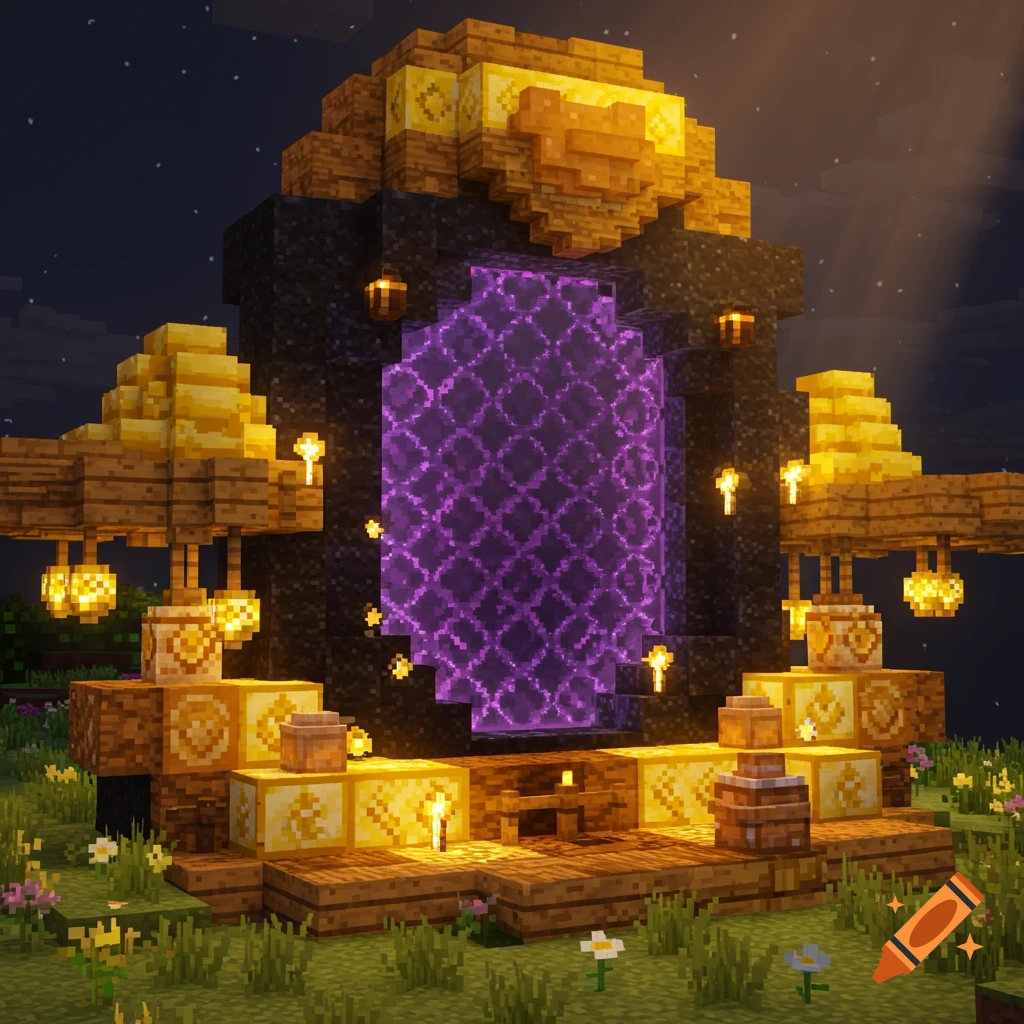 Minecraft Nether portal build with a honey theme at night.