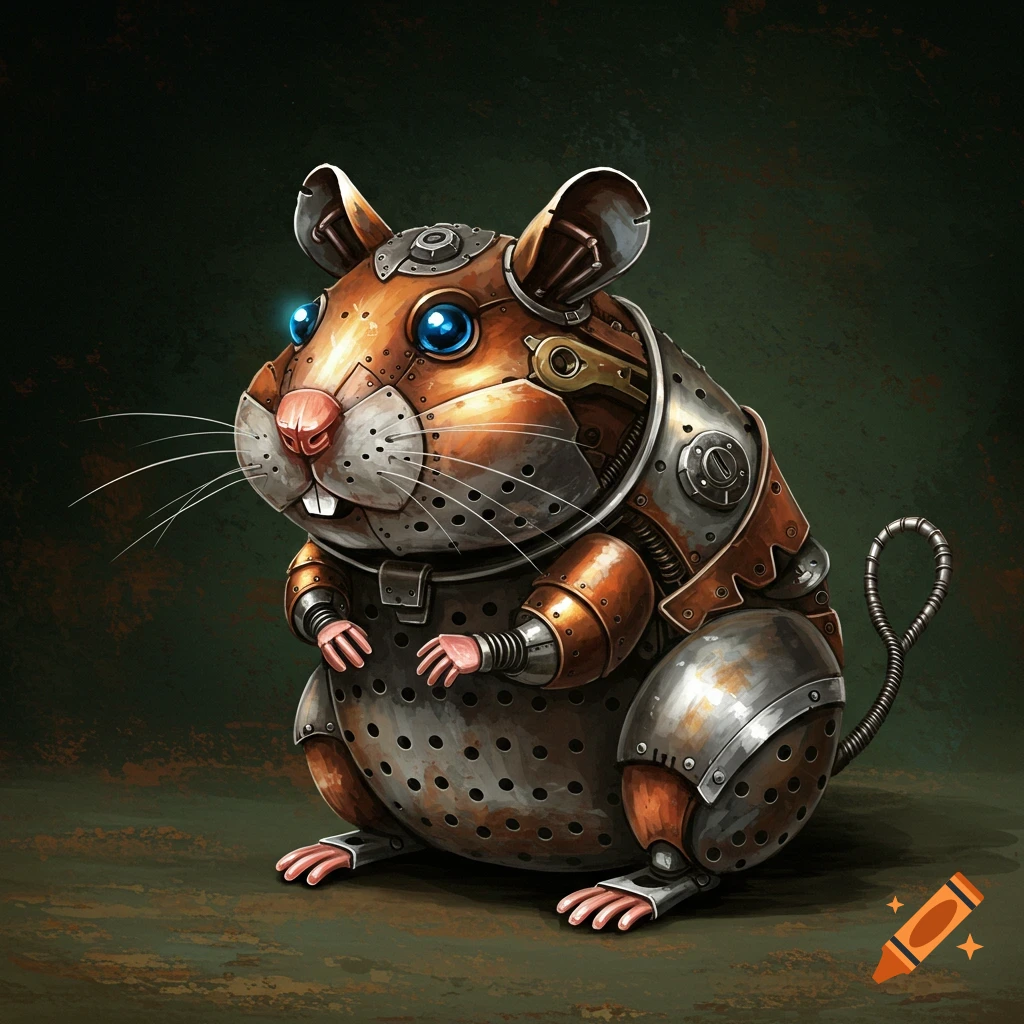 A steampunk hamster made of metal parts.