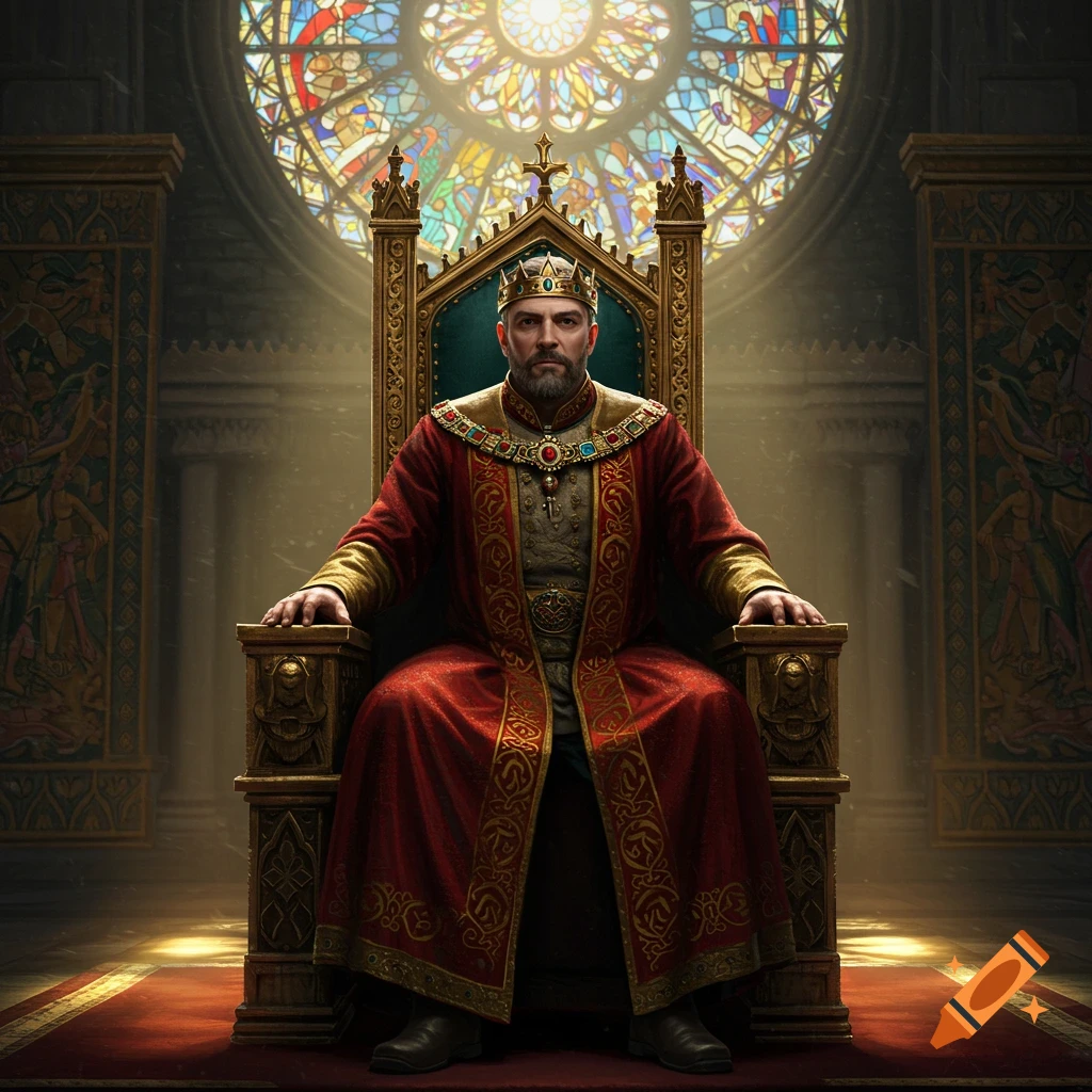 A bearded king in a red robe and crown sits on a gold throne in a grand hall with a large stained glass window.