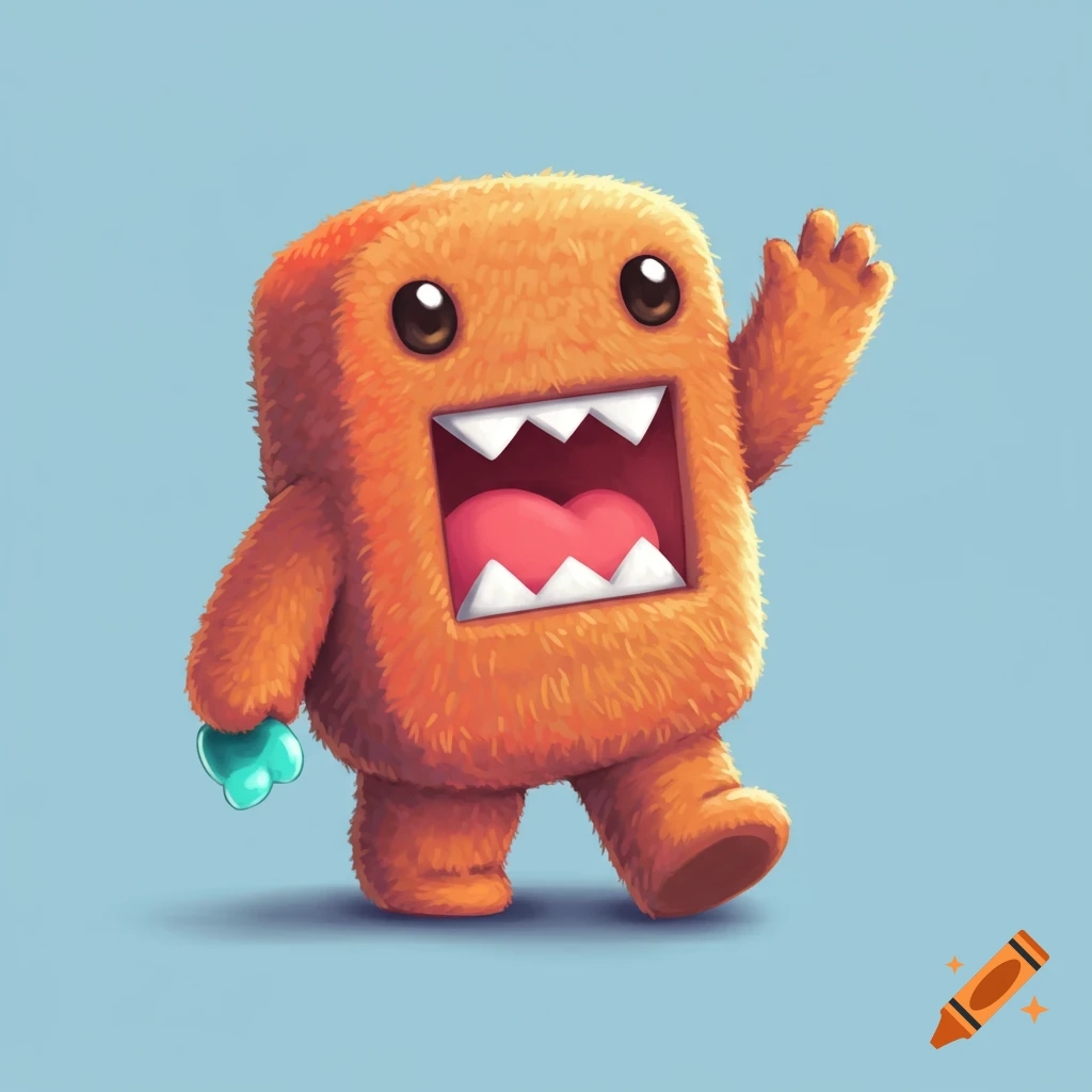 Orange furry block monster character waving