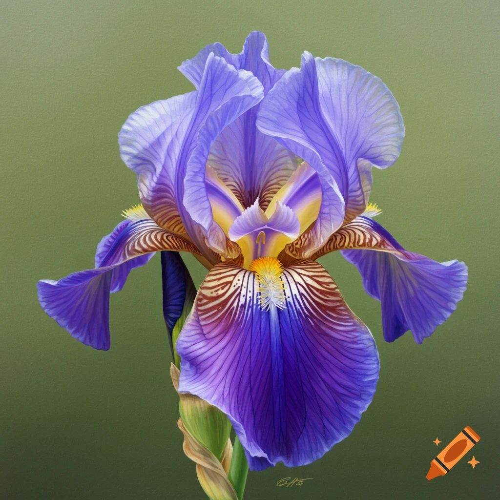 A close-up of a purple and yellow iris flower against a green background.