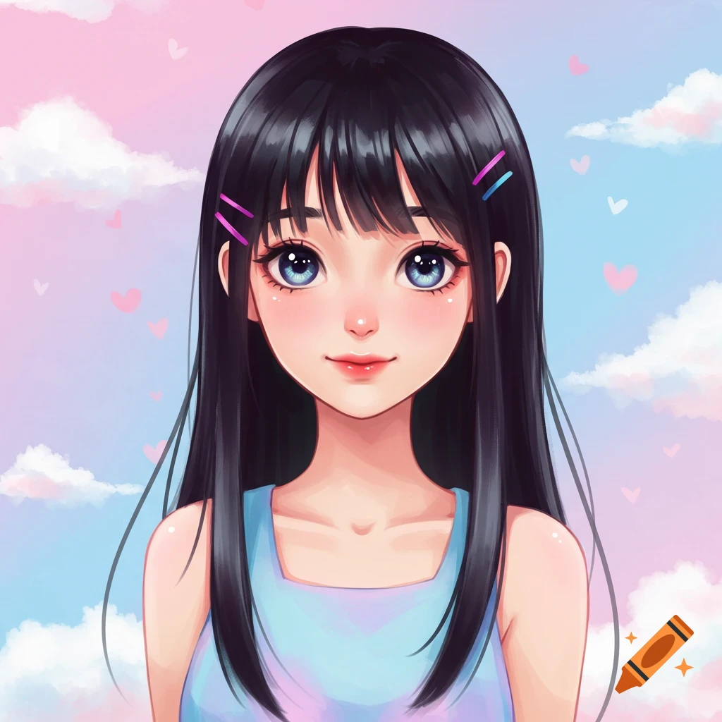 An anime girl with black hair and blue eyes in a sky with clouds.