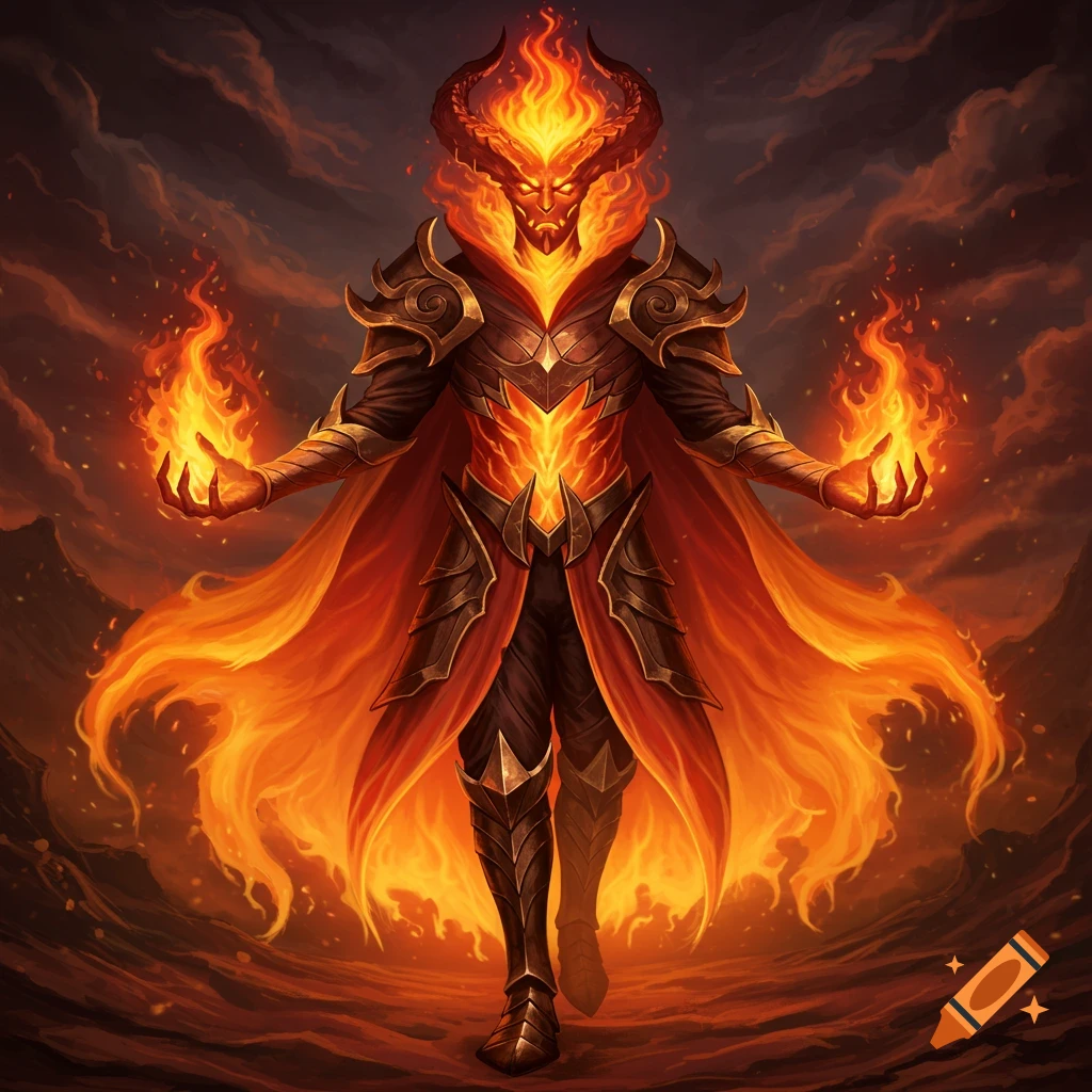 A humanoid fire creature with horns and armor stands in a fiery landscape.