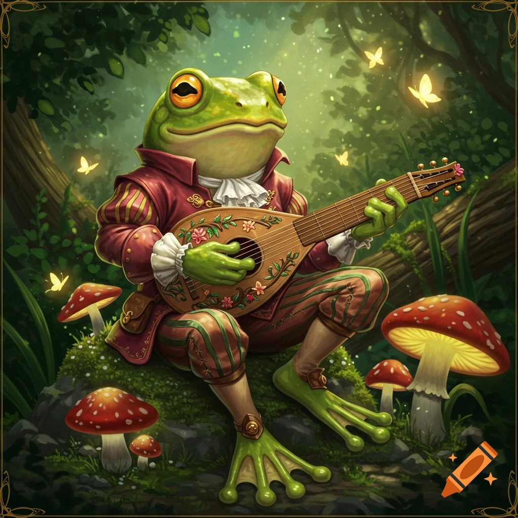 A detailed painting of a frog dressed as a bard playing a lute in a forest with mushrooms and butterflies.