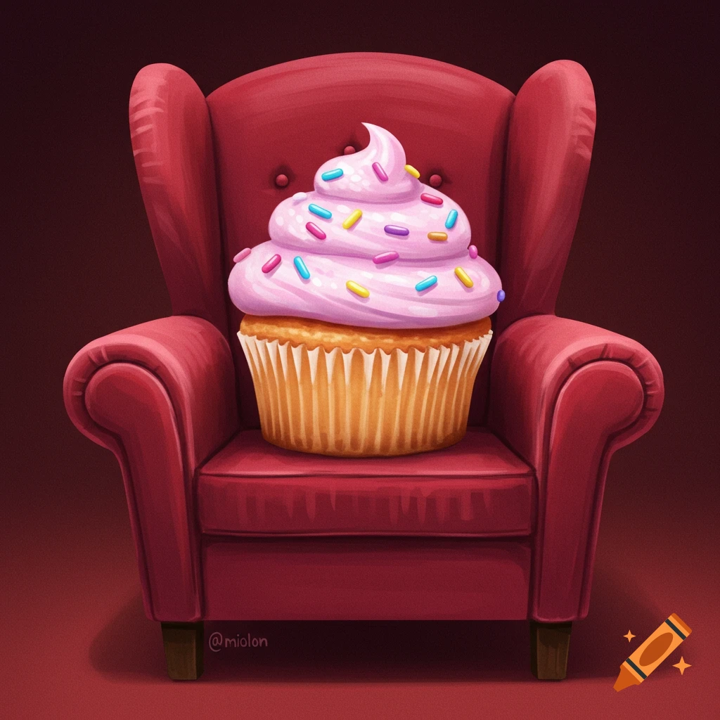 A large cupcake sits on a red armchair.