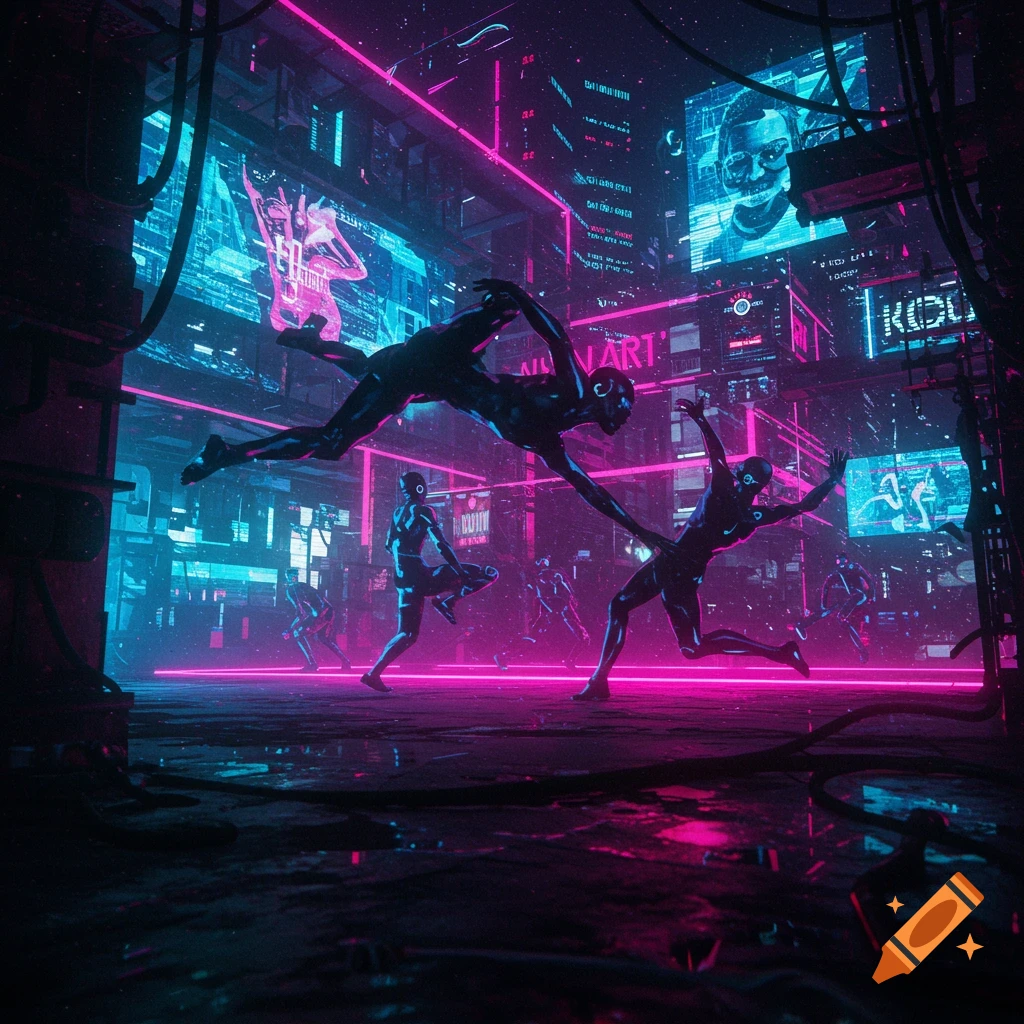 Futuristic figures in dynamic poses within a dark neon cyberpunk city.