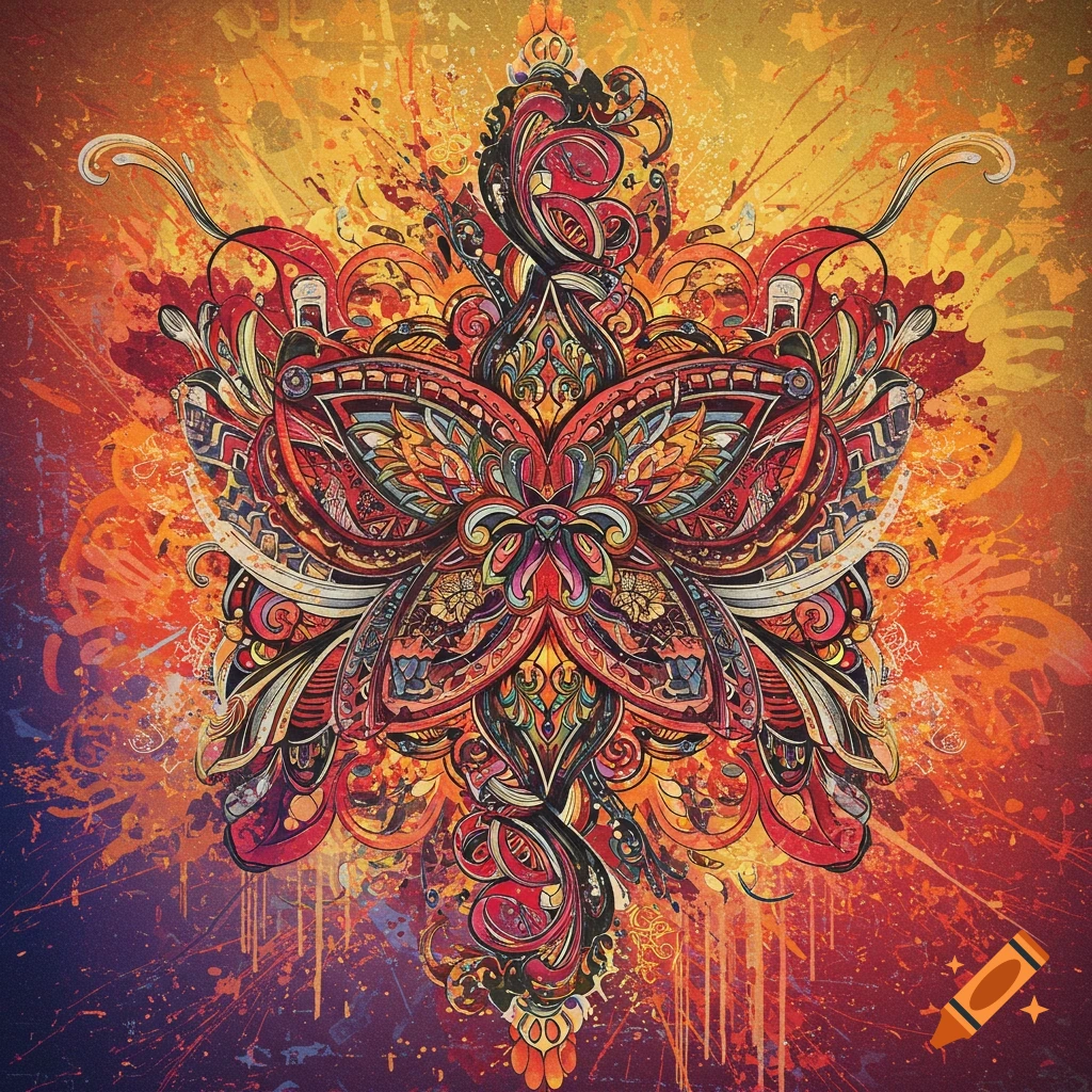 Colorful intricate symmetrical design with paint splatter background