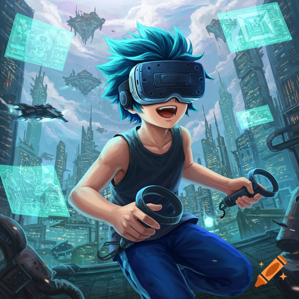 Anime boy with blue hair wearing a VR headset, playing games in a futuristic city