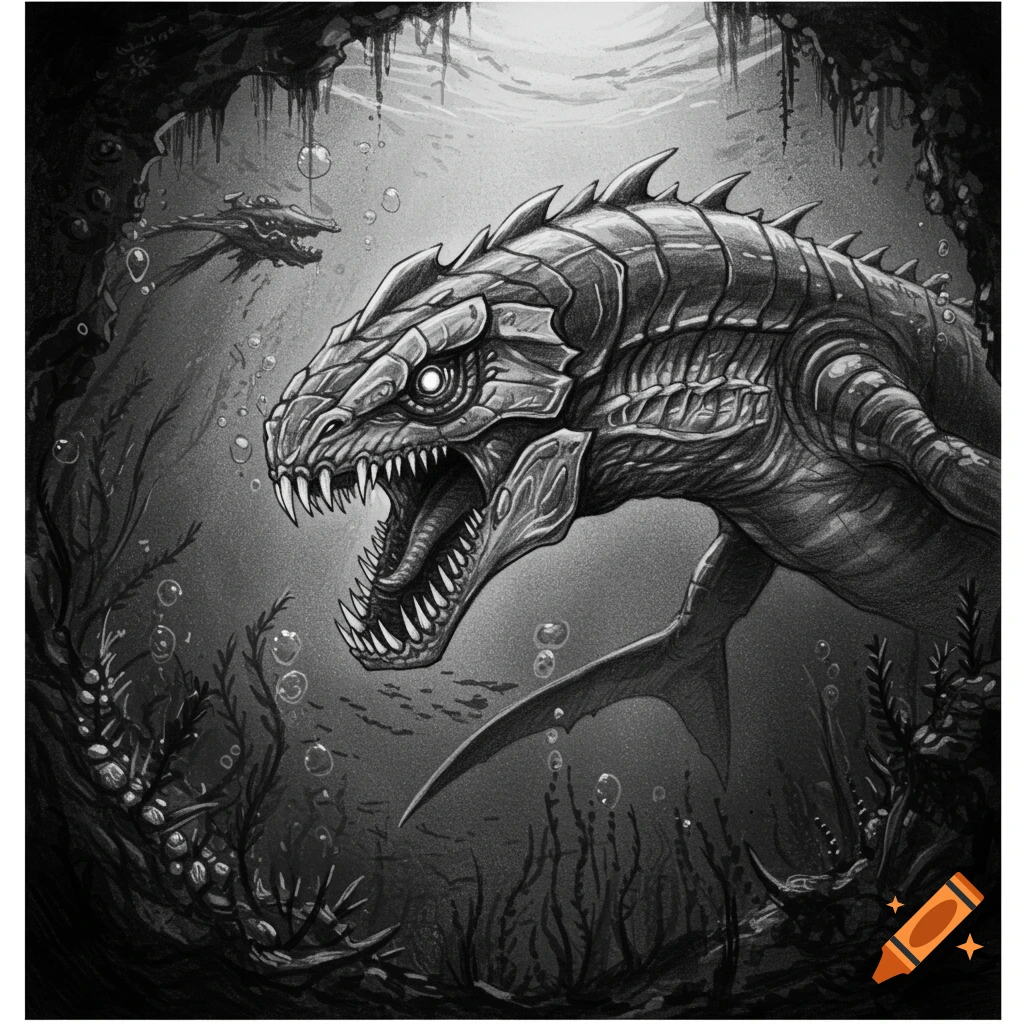 Monochrome pencil drawing of a terrifying Reaper Leviathan creature with sharp teeth underwater.