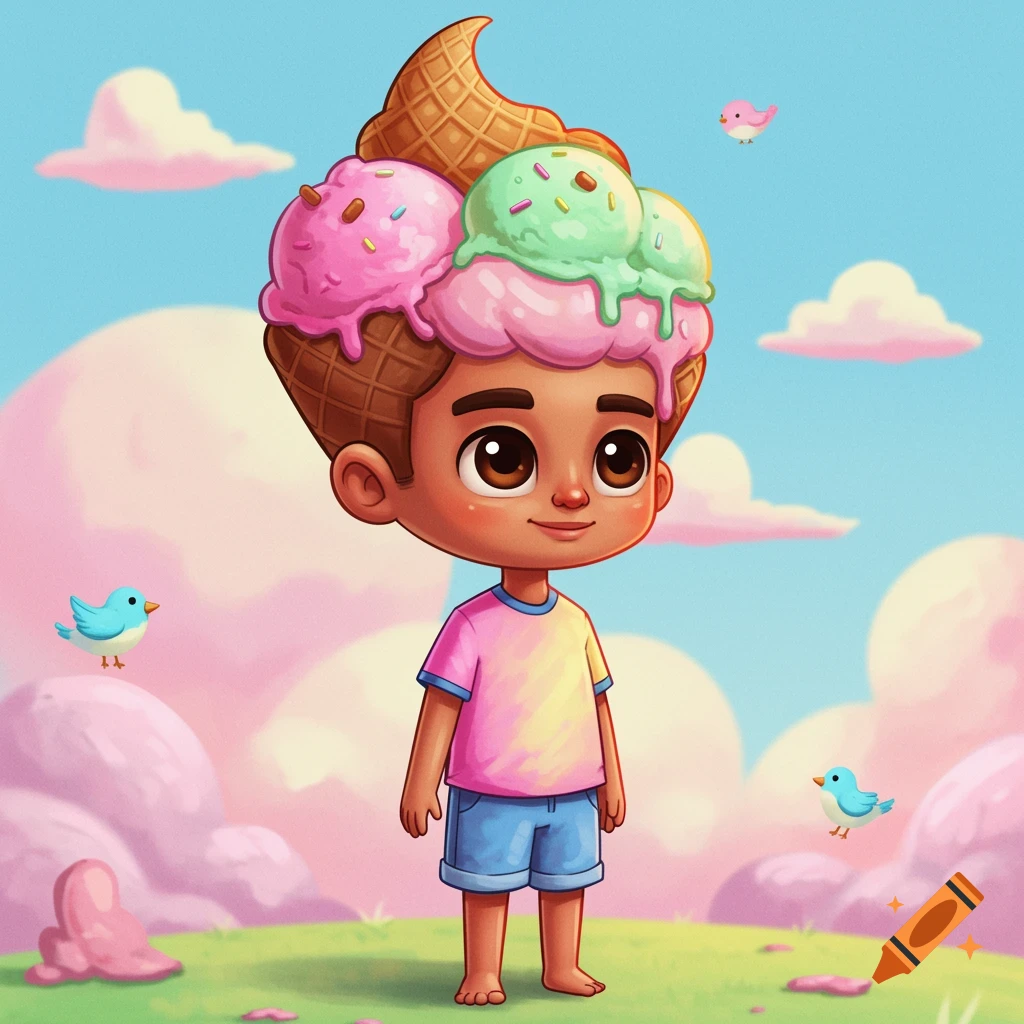 A cartoon illustration of a young boy with ice cream hair in a whimsical landscape with birds.