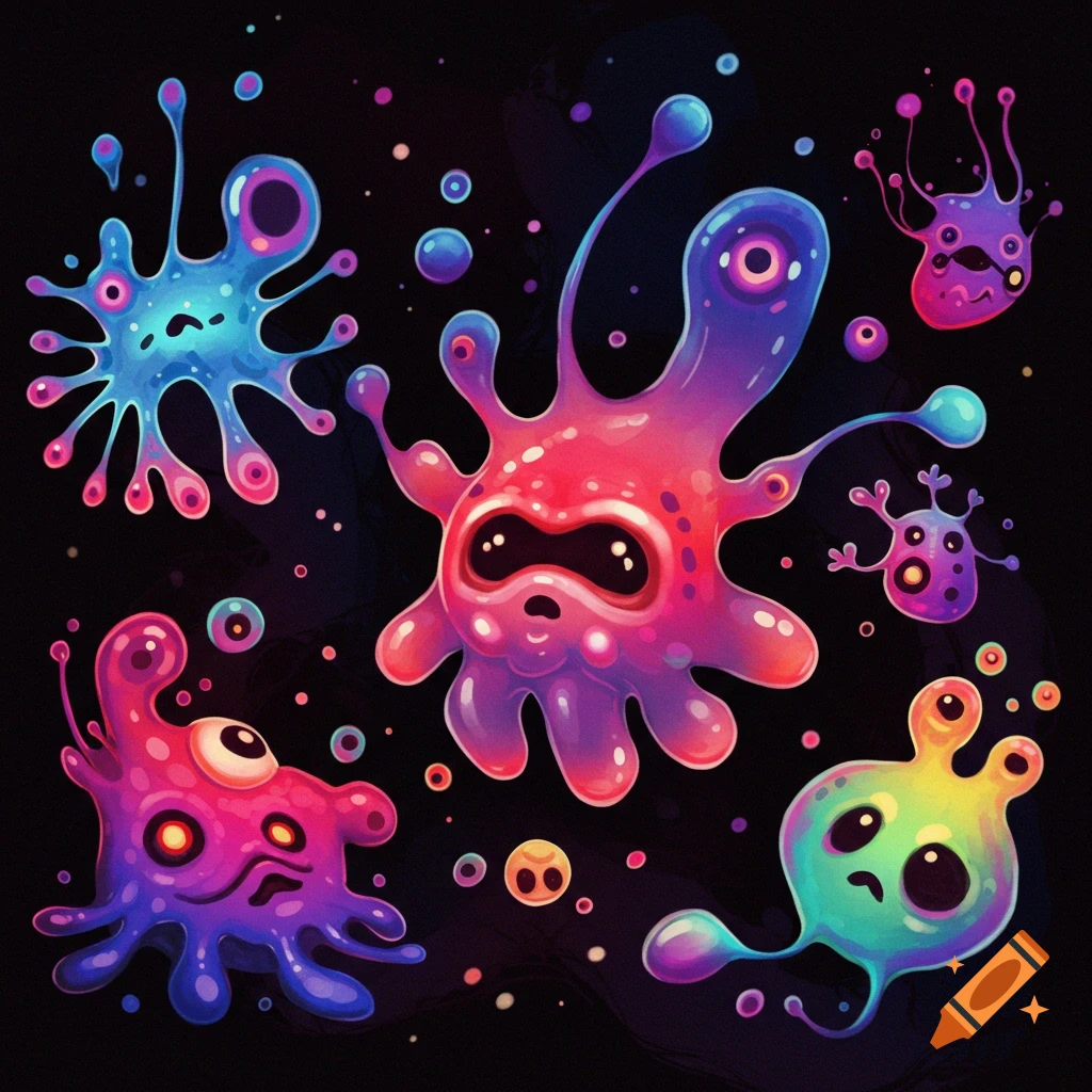 Colorful abstract blob creatures float on a black background.